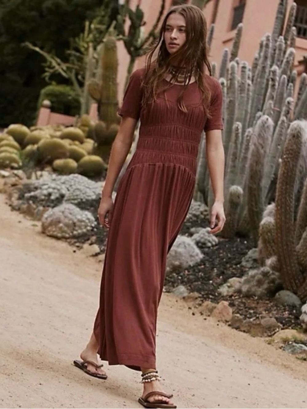 Free People Beach Meg Cotton Smocked Midi Dress XS Brown Earthy Boho NWT